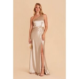 Birdie Grey One Shoulder Satin Dress L Neutral Champagne Wedding Prom Classic